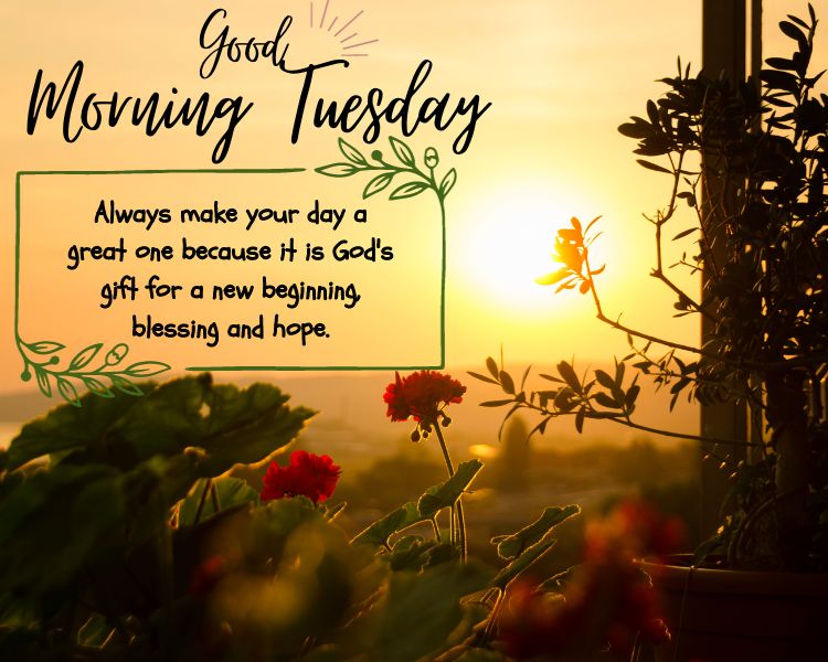 Tuesday morning Always make your day a great one because it is God's gift for a new beginning, blessing and hope.